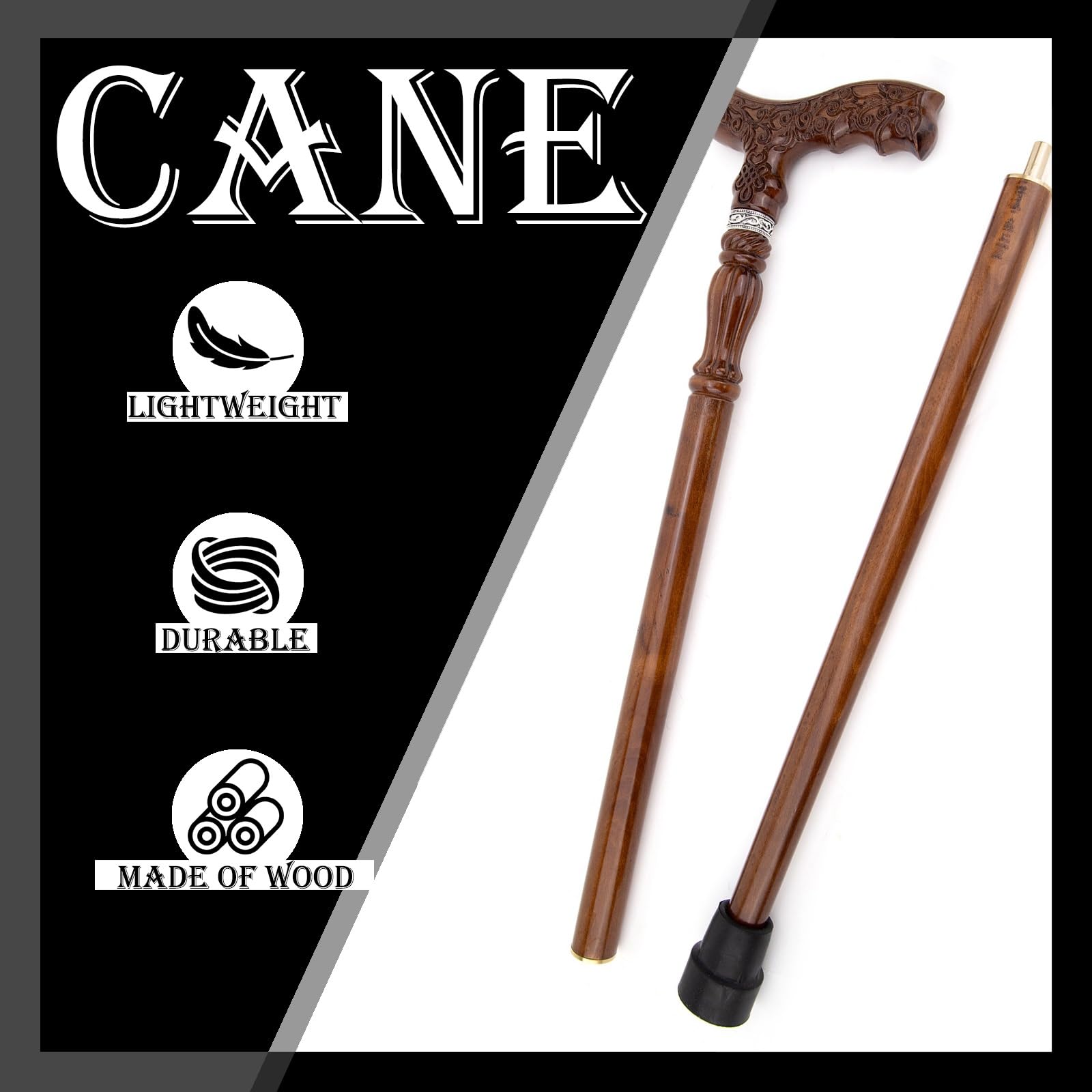 Bastón de Madera Maciza con Empuñadura de Estilo Chino, Bastón Artesanal con Vetas Naturales para Hombre y Mujer, Elegante Bastón de Madera para Uso Diario