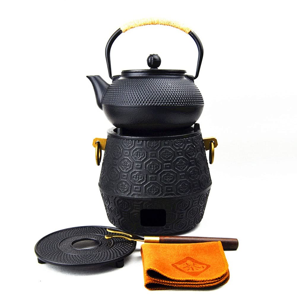 Juego de tetera de hierro fundido con infusor de estilo japonés suelto con colador, calentador, salvamanteles y tenedor de clip de té con mango de madera