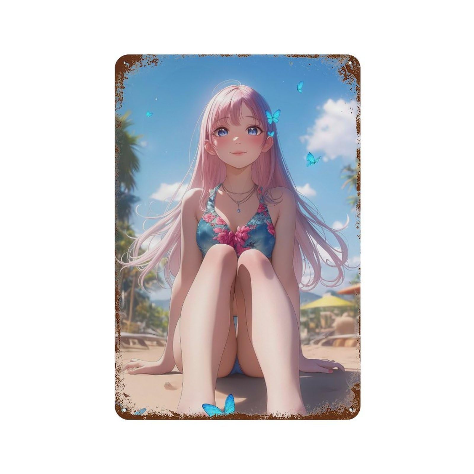 Beachside Glow Anime Girl 11.8"x7.9" Decorative Tin Sign, Retro Wall Decor for Garage, Bar And Workshop Decor