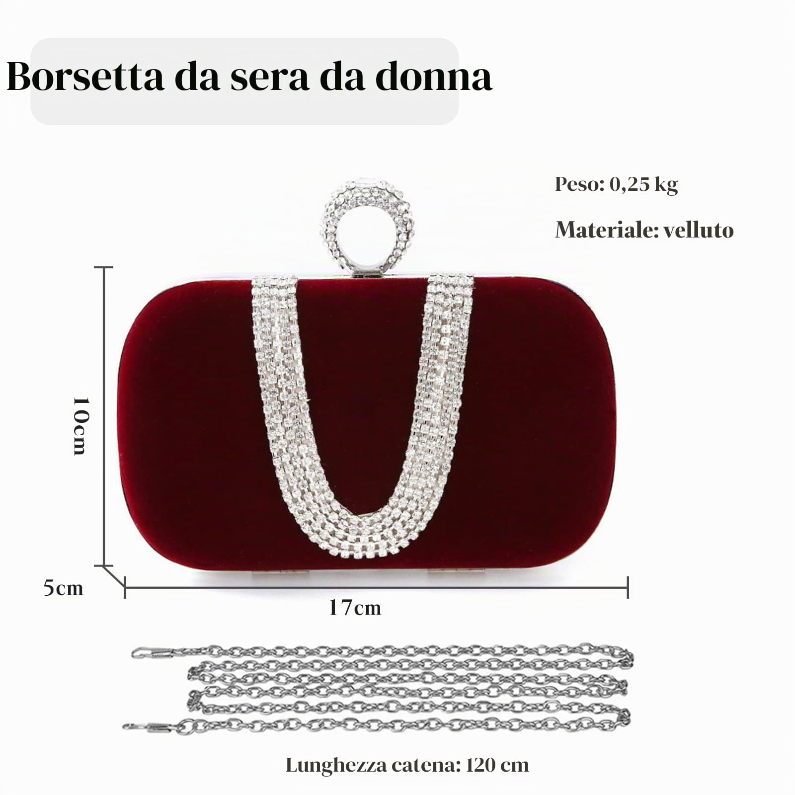 CORIOS Borsetta da Sera Donna Velluto Pochette Strass Cerimonia Clutch Pochette Piccolo con Catena Elegante Borse Messenger Borsa Sposa Borsa a Tracolla per Party Sposa Cocktail Festa Vino Rosso