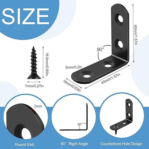 Miniatura 2 de 16 piezas de conjuntos de soportes de esquina en L de acero inoxidable, soporte de ángulo recto de 90 grados con 64 piezas de tornillos, el soporte