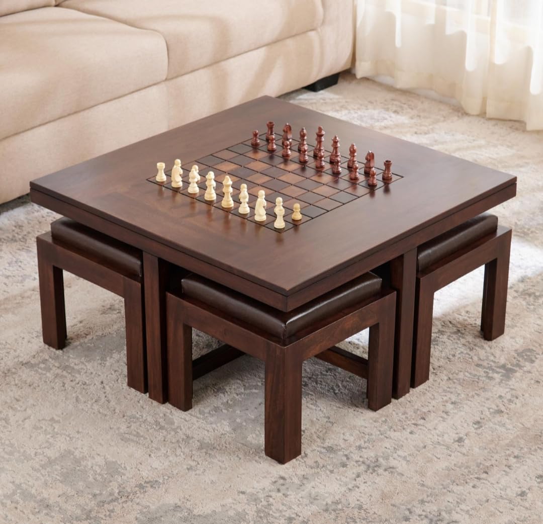 IThree Coffee Table with Chess Board, 4 Stools, Dark Brown Wood, Multifunctional Gaming Table Set-image-2