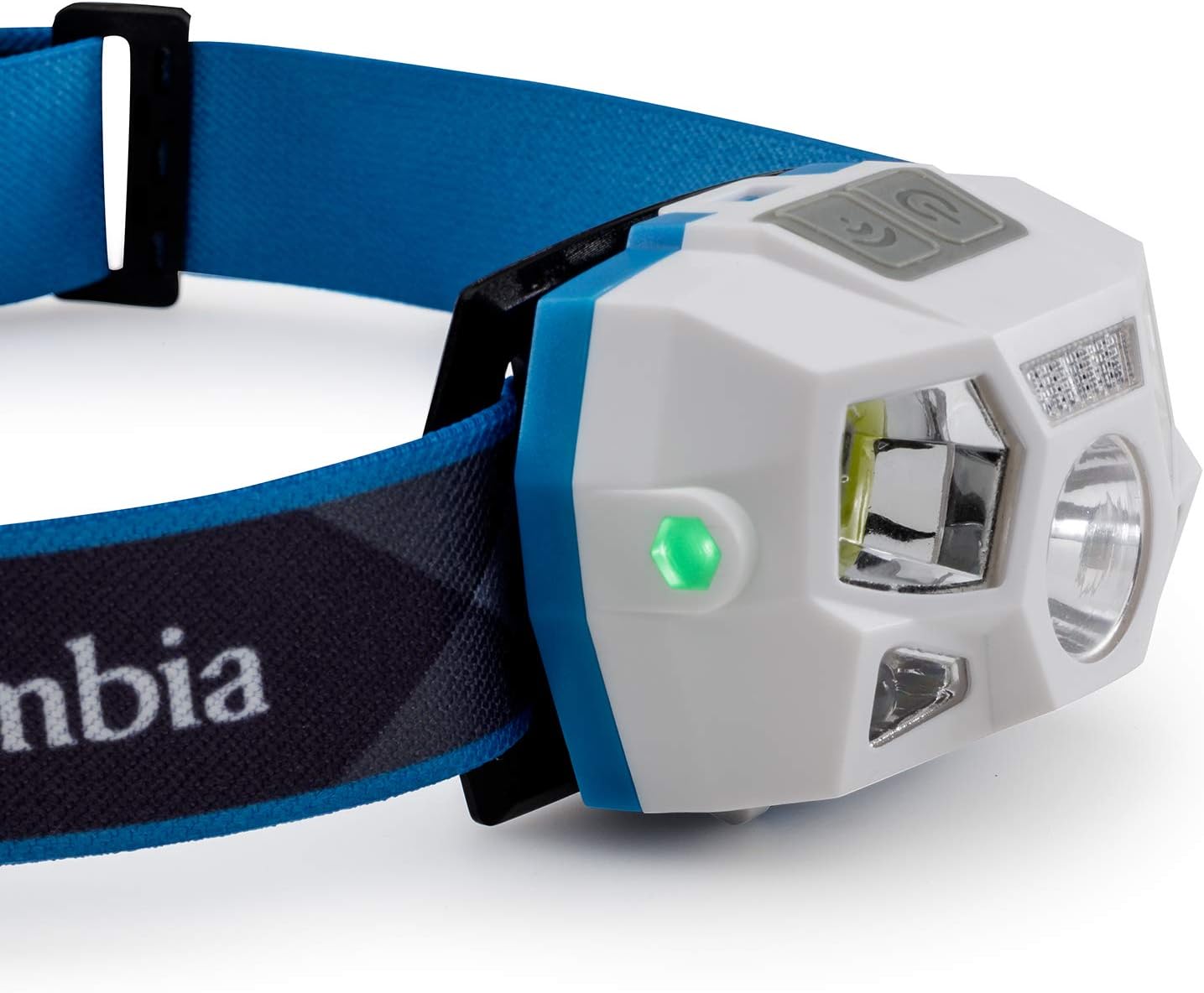 Bên view of the Columbia 300 Lumen Headlamp showing the green motion sensor indicator light.