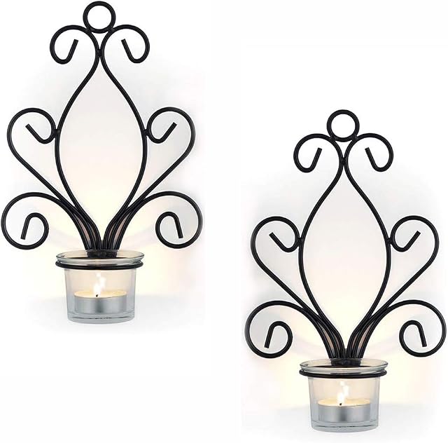 Sziqiqi 2Pcs Iron Candle Holder Wall Art Candle Hanging Candle Holder Home Decoration Tealight Candle Stand, Wall Sconce, Black