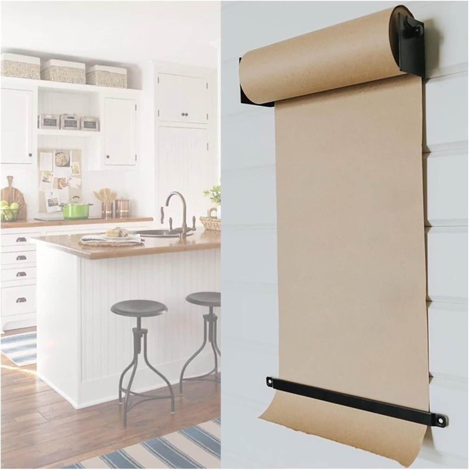 Stojak ścienny do rolek papieru kraft, dozownik i obcinak do papieru kuchennego, z rolką papieru kraft 50 m. Uchwyt ścienny do rolki papieru B, 67 cm/26,3 cala szeroki