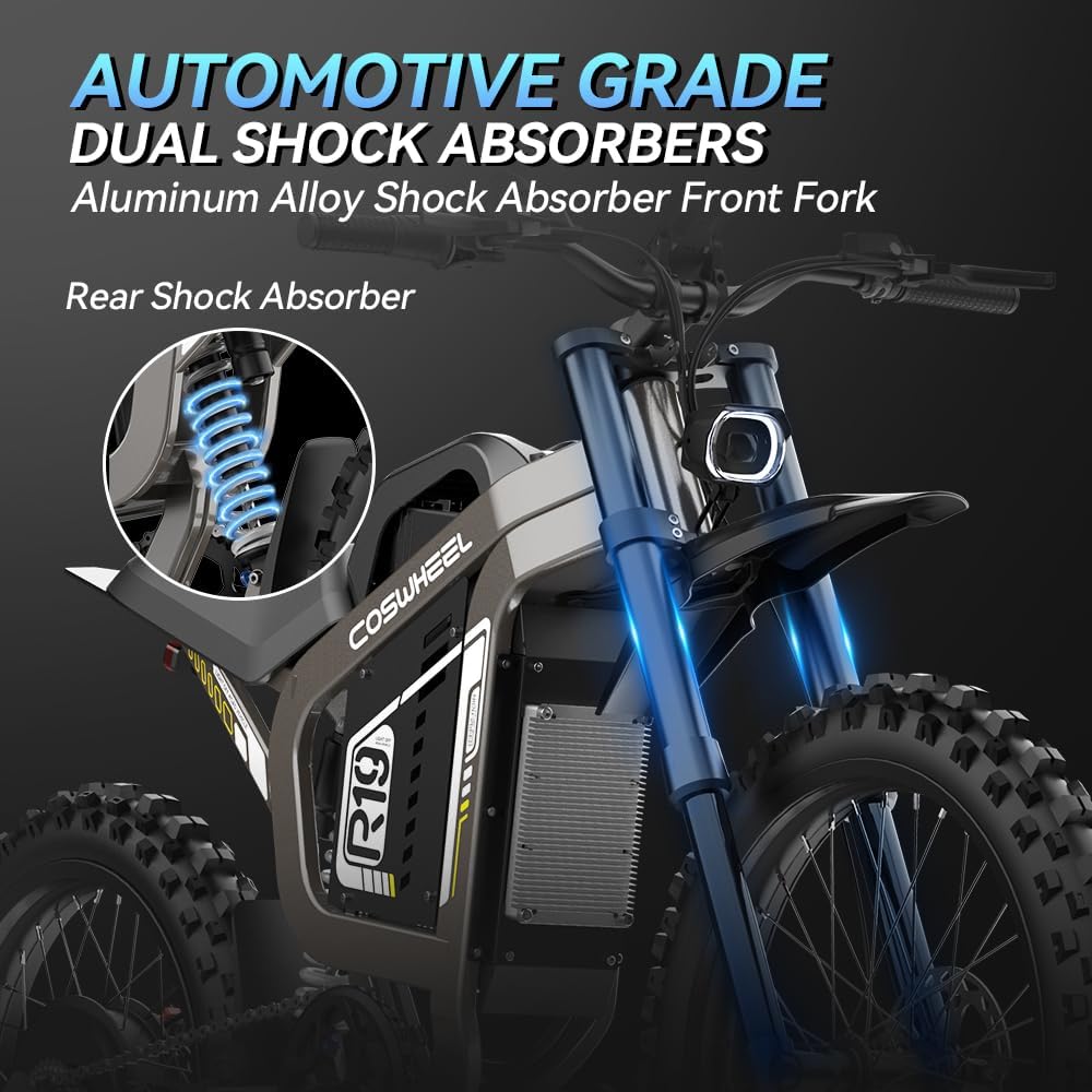Readygo Coswheel R19 Adult Electric Dirt Bike, 72V 40AH ebike, 6000W Peak Motor, 19” Off-Road Tires, 50MPH Speed, 125 Miles Range, Perfect for Mountain, Trail, Snow & Outdoor Adventures.