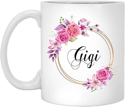 GavinsDesigns Gigi Flower - Taza de café novedosa para regalo para el día de la madre, flores rosas gigi en marco dorado, nueva taza Gigi, regalos