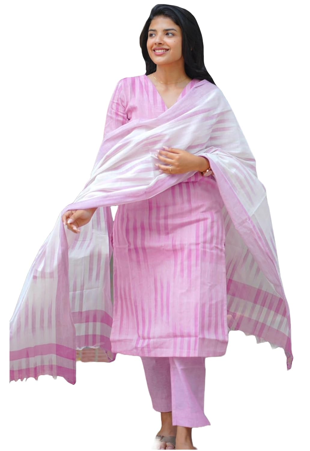 ANNI DESIGNER Women’s Cotton Kurta Pant Dupatta Set | Light Pink Ikkat Print Suit Set for Women | Kurta Sets for Woman | Pure Cotton Kurti Set | 3-Piece Festival Ethnic Dress