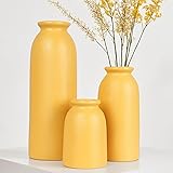 Ceramic Vase Set-3, Small Flower Vases for Decor, Modern Boho Farmhouse Style, Decorative Vases for Pampas Grass & Dried Flowers, Distressed Finish (Yellow)