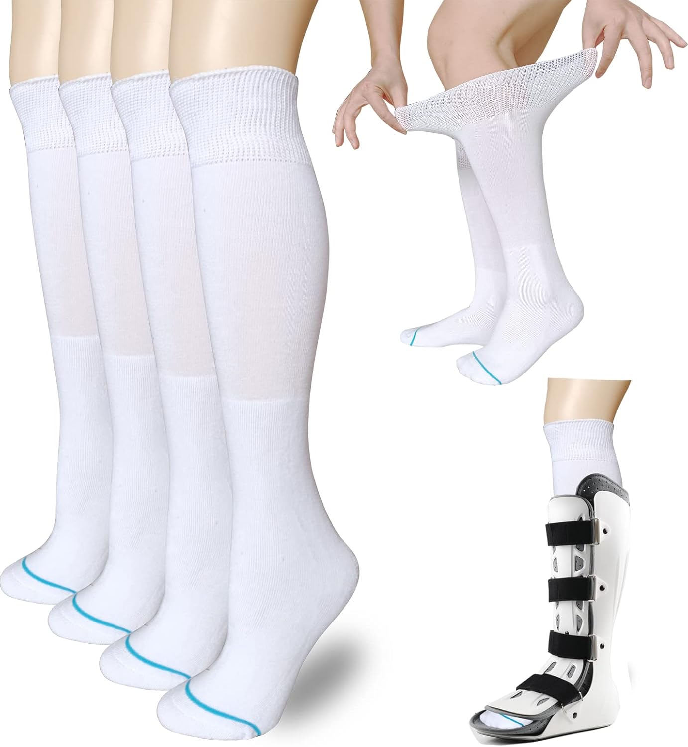 Socks Liner for Orthopedic Walking Boots Walker Brace Shoe,Medical Tube Socks Under Air Cam Walkers and Fracture Boot Cast Surgical leg Cover White 2 Pairs