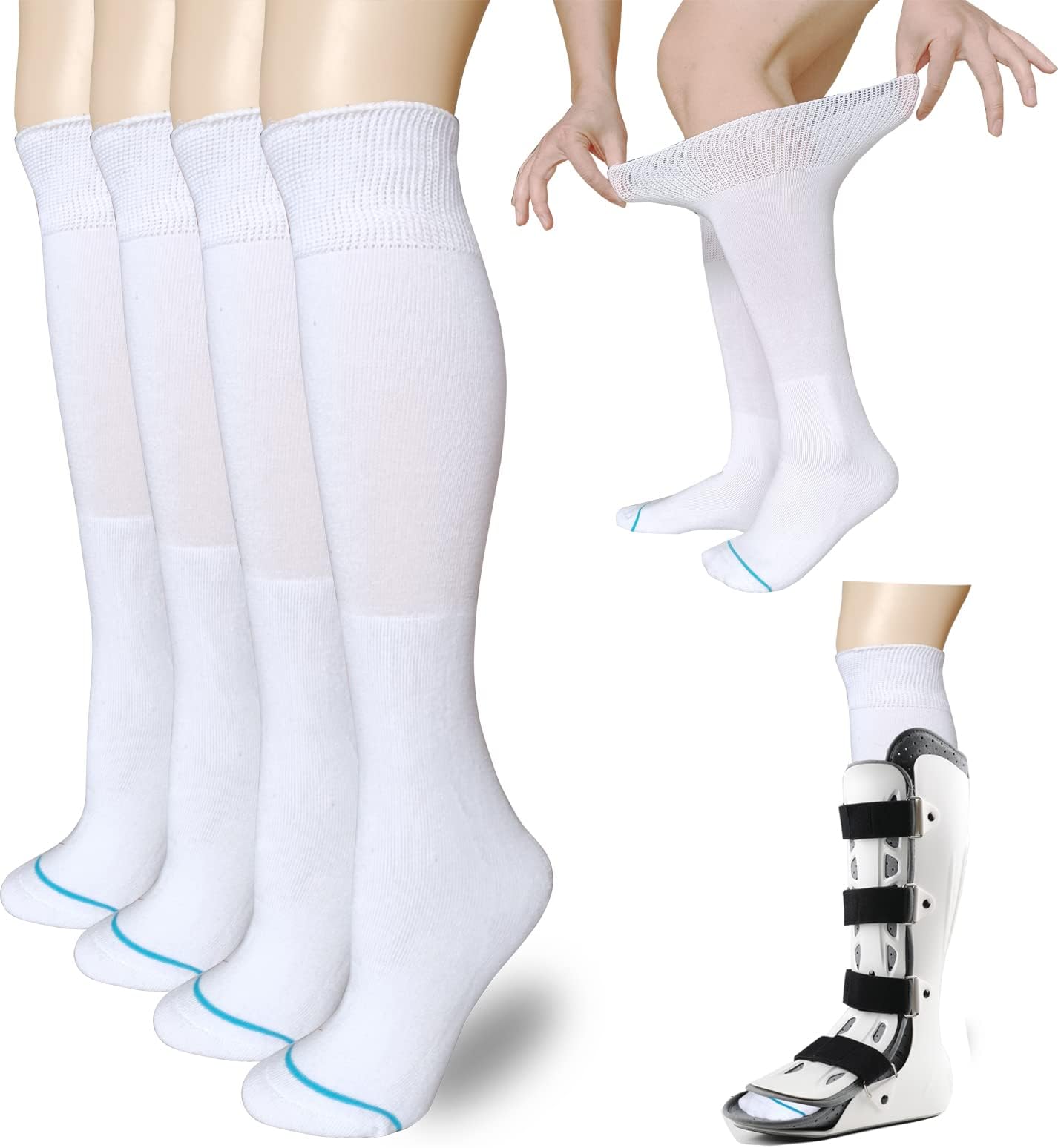 Socks Liner for Orthopedic Walking Boots Walker Brace Shoe,Medical Tube Socks Under Air Cam Walkers and Fracture Boot Cast Surgical leg Cover White 2 Pairs