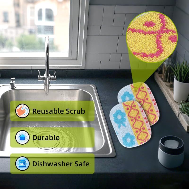 Image of Perfect Scrub, 3-Pack Reusable,Scouring Pad, Non-Scratching Dish Scrubber for Kitchen and Household Cleaning, Planet-Friendly, Dishwasher Safe Soft Scrub, Assorted Colors and Designs.