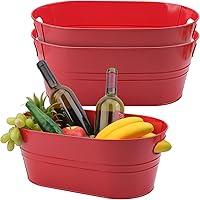 Yiksonyo 3-Pack 15.3x9x6 Red Galvanized Metal Beverage Tubs with Handles - 3 Gallon Rust-Proof Ice Buckets for Parties, BBQs & Weddings