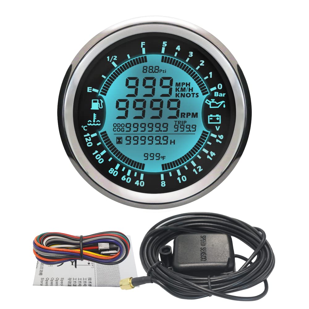 ELING Tachimetro GPS multifunzione Tachimetro Ora Temperatura acqua Livello carburante Voltmetro pressione olio 12V 85mm Con retroilluminazione