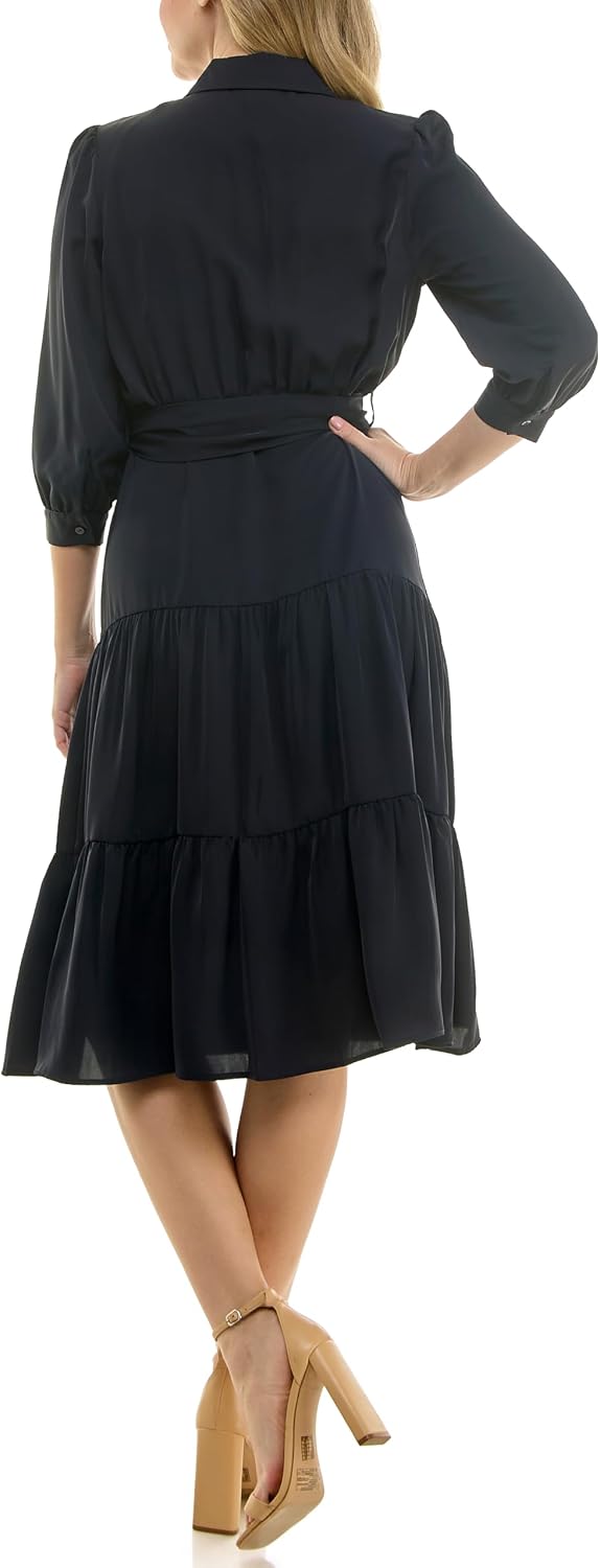 Nicole Miller New York Women's Short Sleeved Tiered Shirt Dress with Sash Belt