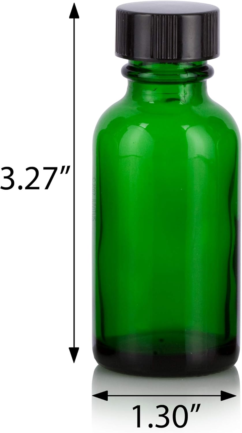 JUVITUS 1 oz Green Glass Boston Round Bottle with Black Phenolic Cone Lined Caps (24 Pack) + Funnel I Refillable Empty Storage Containers