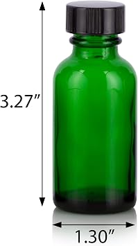 JUVITUS 1 oz Green Glass Boston Round Bottle with Black Phenolic Cone Lined Caps (24 Pack) + Funnel I Refillable Empty Storage Containers