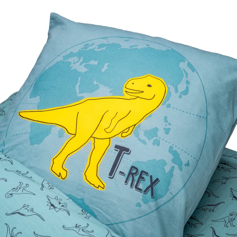 Caradou Parure de Lit Enfant T-Rex, 3 Pièces sans Couette, 90x190 cm, Coton, Bleu Vert