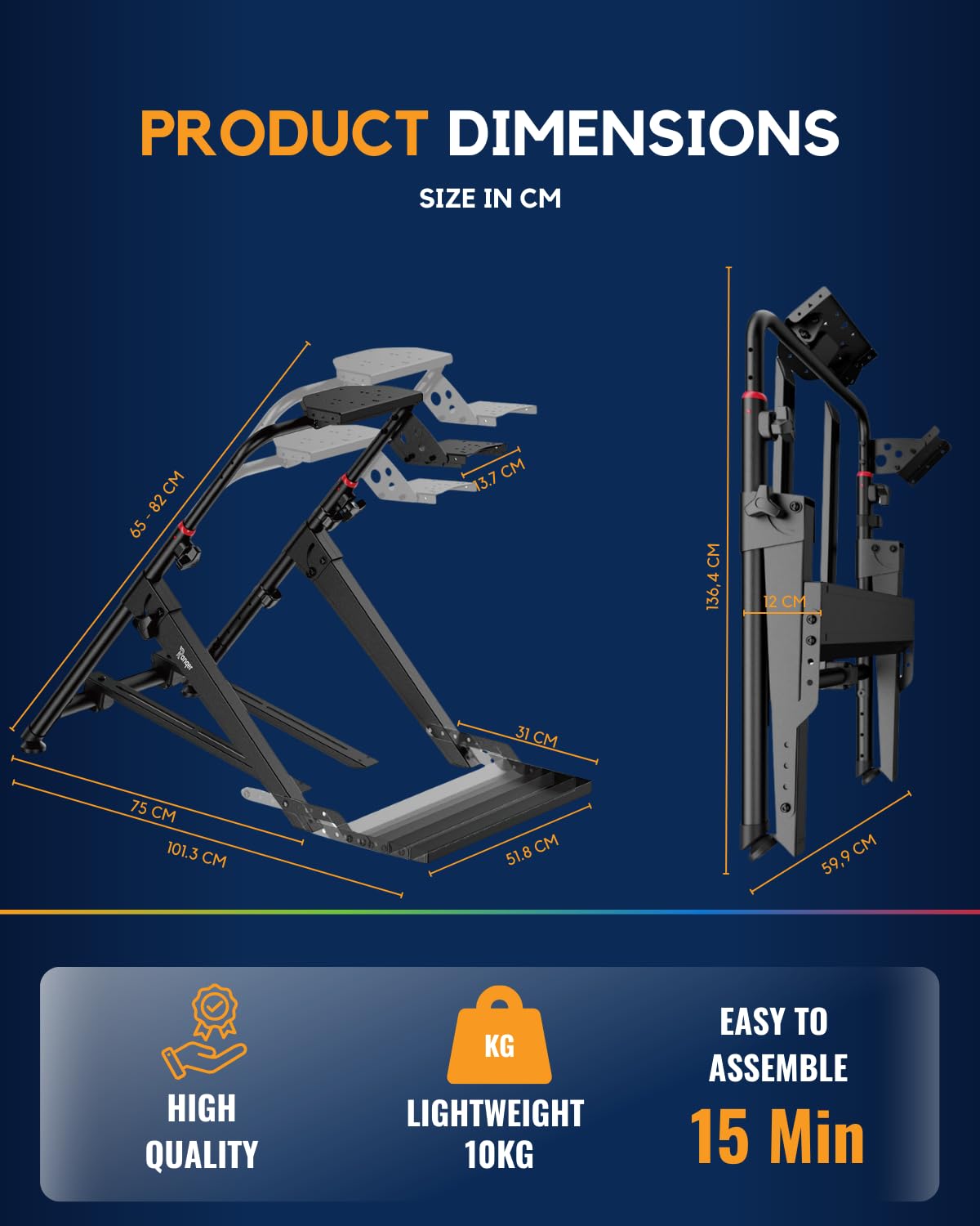 Ranqer Racing Wheel Stand Pro – składany stalowy stojak do kierownicy z regulacją wysokości i kąta, zintegrowanym mocowaniem fotela, kompatybilny z Logitech, Thrustmaster, Fanatec i Simagic – czarny