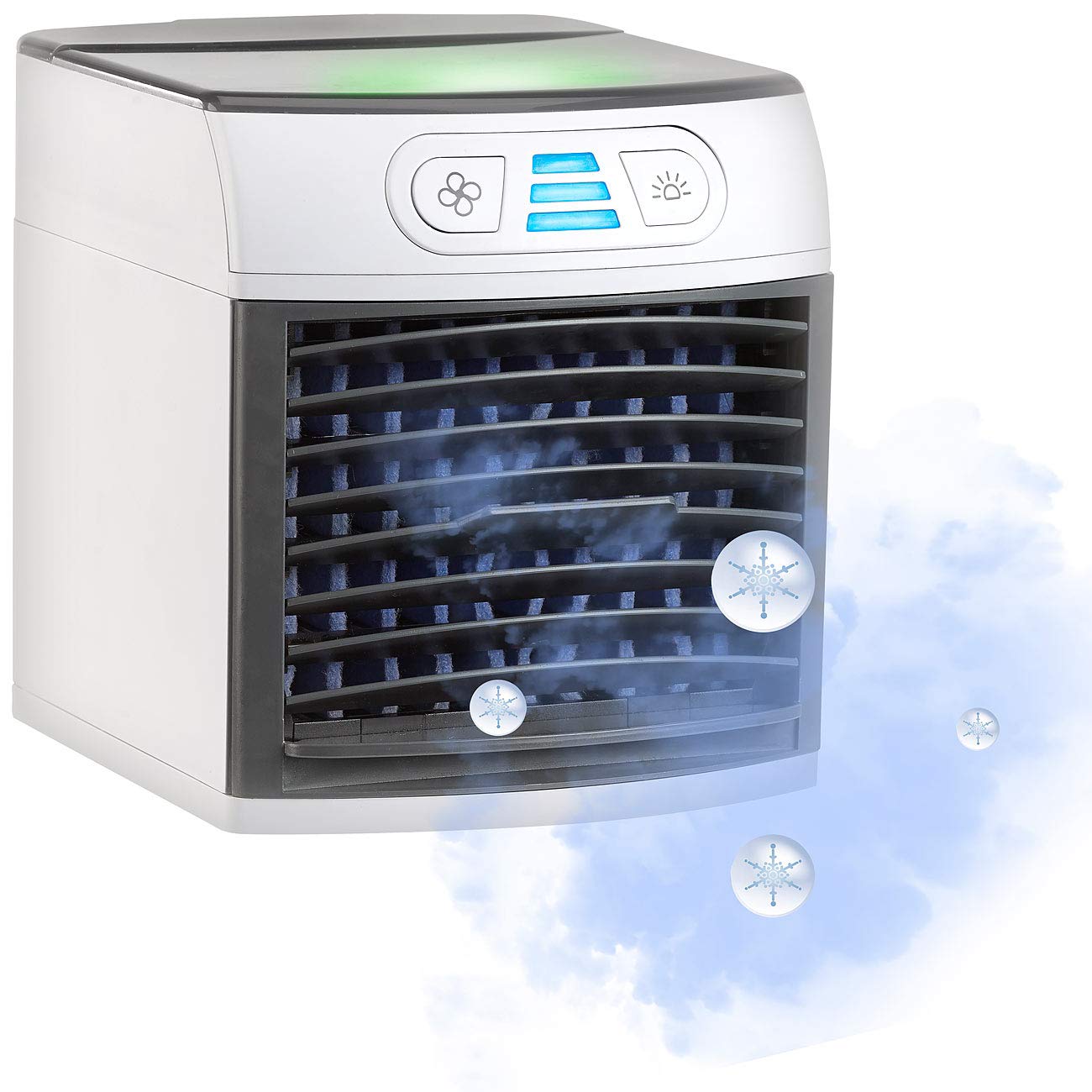 Sichler Haushaltsgeräte Klimawürfel: 2in1-Tisch-Luftkühler und -Luftbefeuchter, Ultraschall-Vernebler, LEDs (Mini Klimagerät, Mini Klimaanlage, Eis)