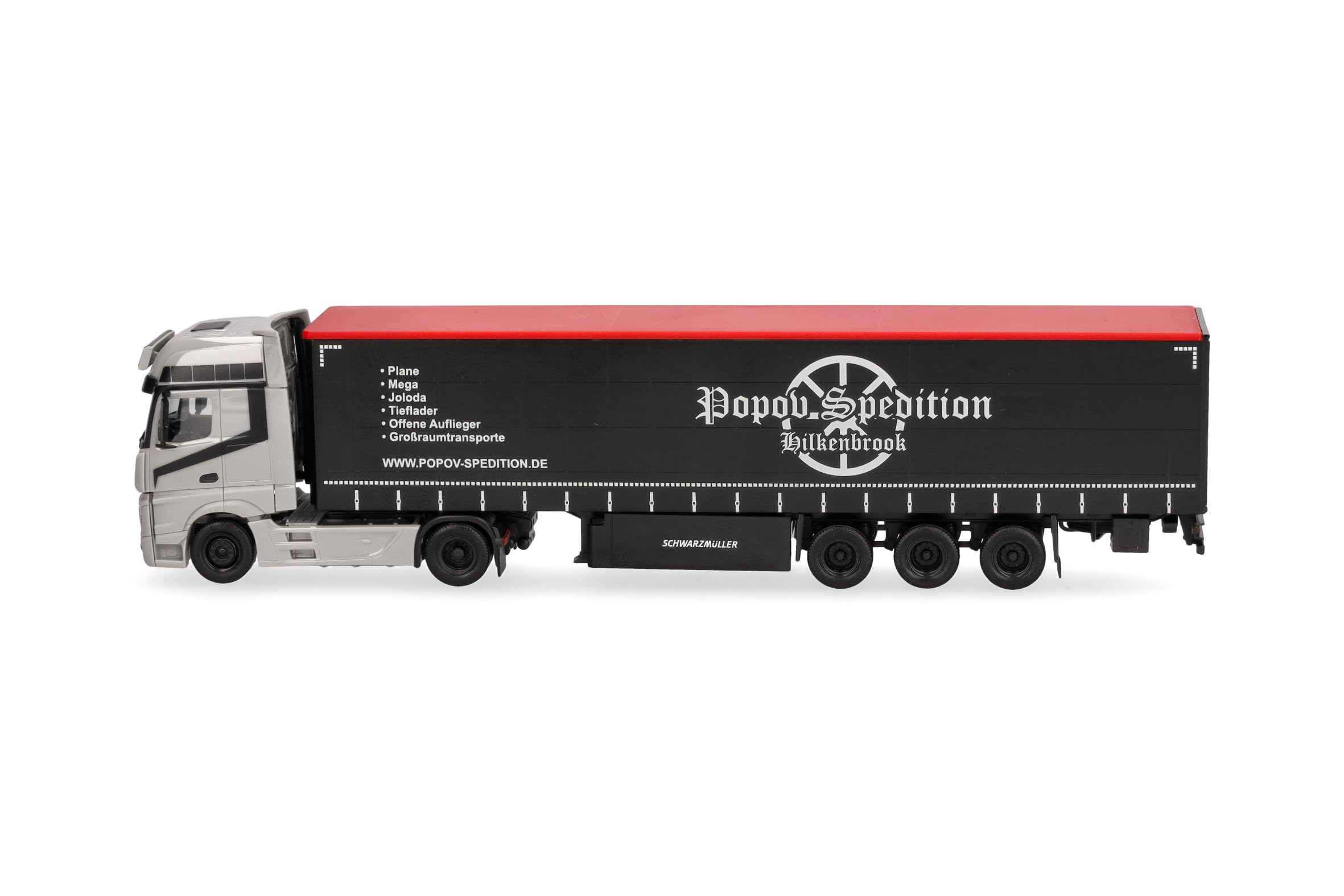 herpa Mercedes-Benz Actros L Gigaspace z plandeką Popov Spedition model 1:87, kolekcjonerska ciężarówka, Made in Germany, tworzywo sztuczne