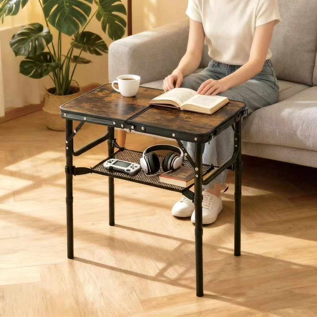 Folding TV Trays Foldable Dinner Tray Table Adjustable Height Food Snack Couch Side Table Sturdy Aluminum Portable Sofa Tray End Table for Outdoor Indoor Camp Pinic Bed Couch Living Room(Rustic Brown)