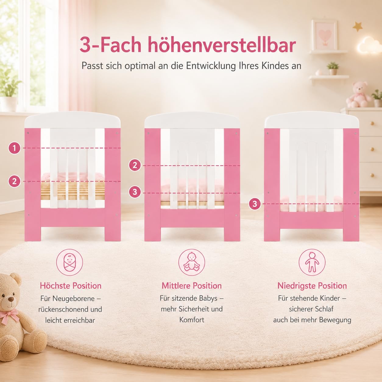 Lit bébé My Sweet Baby en 3 Couleurs sans Matelas Mousse 10 cm certifié lit bébé Blanc 4 Parties 120x60 (Pink Princess sans Matelas)