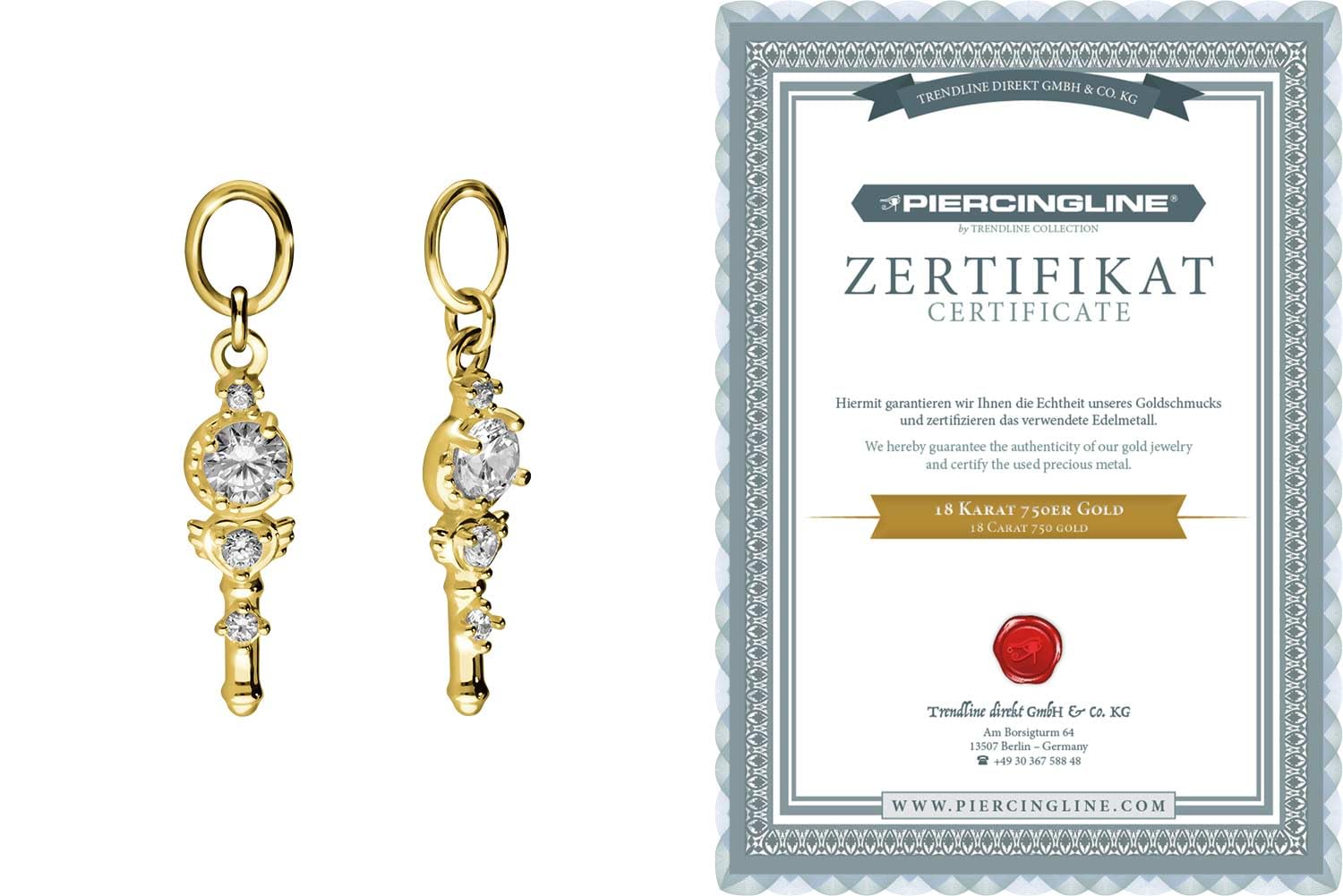 PIERCINGLINE 18 Karat Gold (750 er) Anhänger für Clicker Bauchnabelpiercing Creolen KRISTALLSTAB Piercing Gelbgold