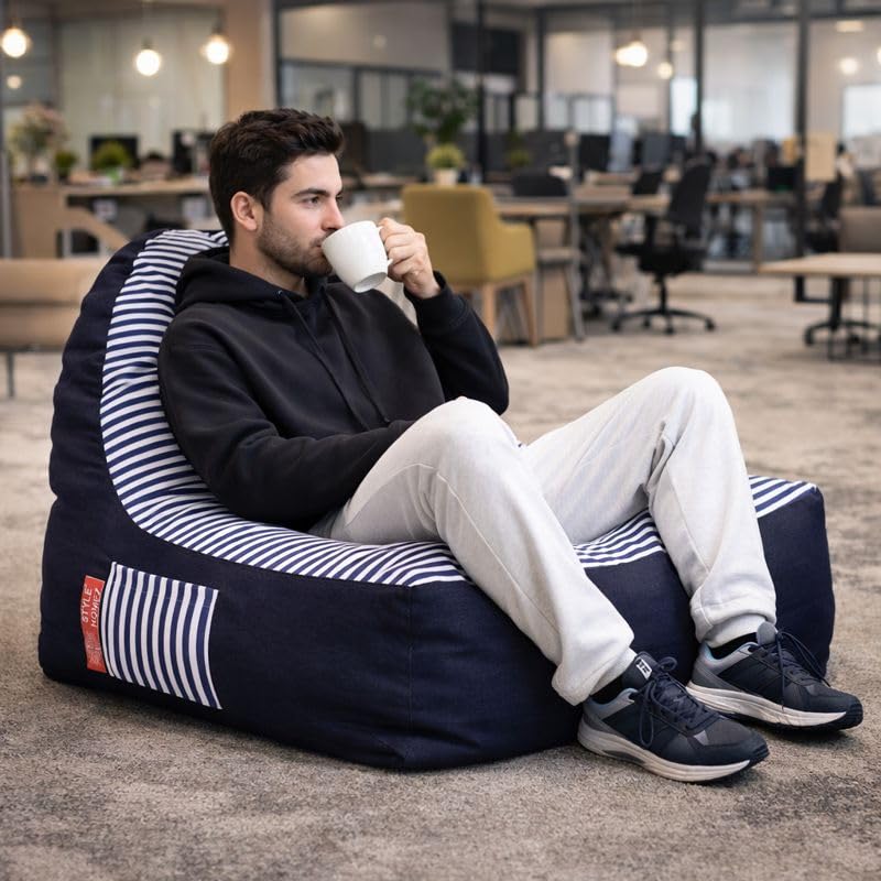 Image of Style Homez Urban Design Denim Canvas Stripes Printed Chair Bean Bag XXL Size Filled with Beans Fillers