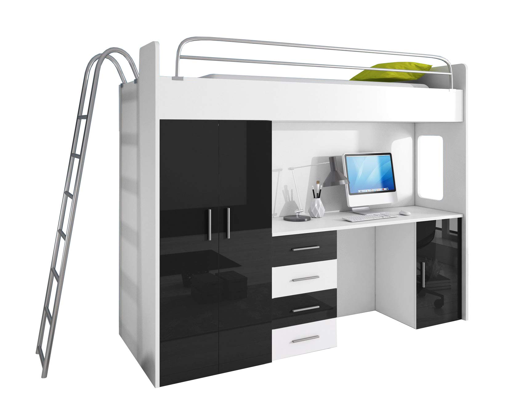 Buy Cabin Bed High Sleeper Modern Set with Wardrobe Desk Ladder Mattress Functional Design High