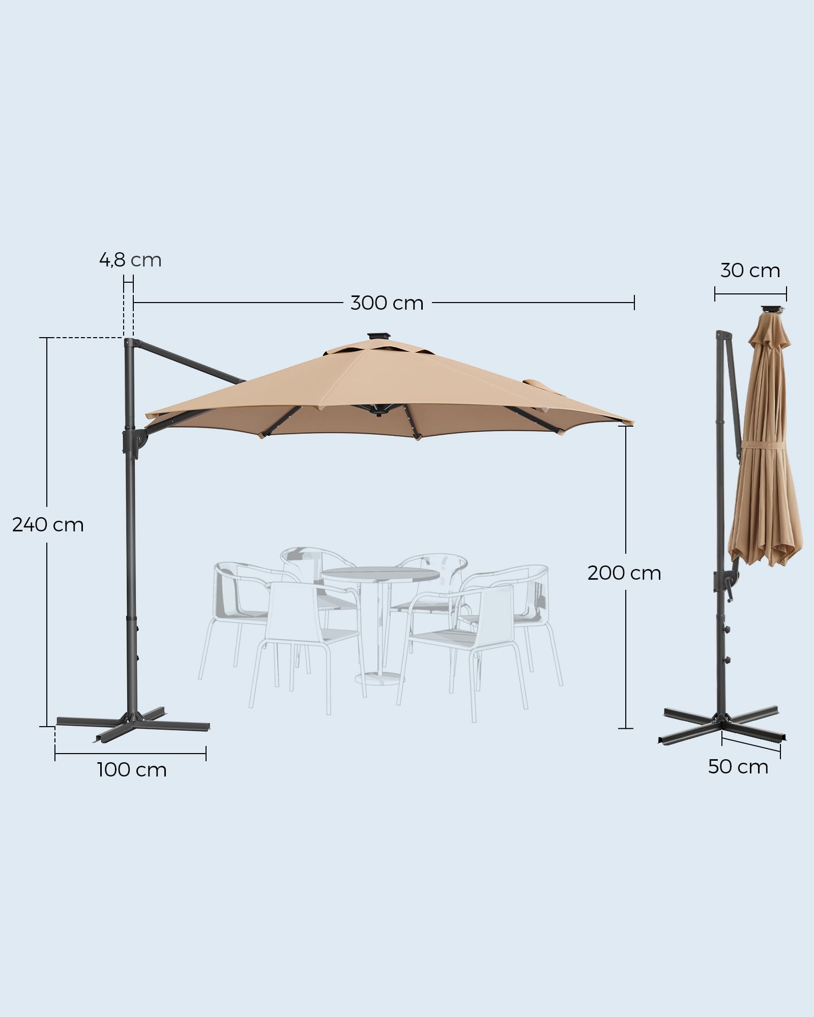SONGMICS Parasol przeciwsłoneczny z oświetleniem solarnym LED, parasol ogrodowy, 32 diody LED, Ø 300 cm, ze stojakiem, ochrona przed promieniowaniem UV do UPF 50+, z korbą, do ogrodu, na taras