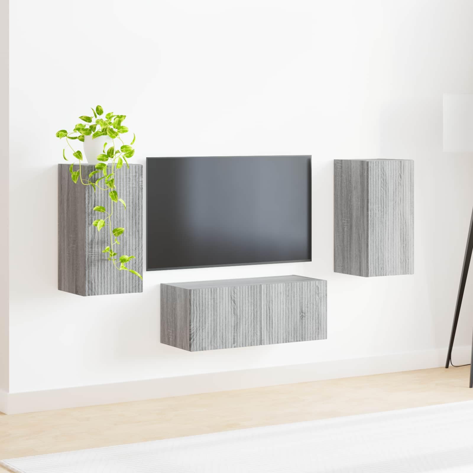 TV-Schrankset Wandmontiert 6-teilig, Graues Sonoma Holzwerkstoff, Modernes Media Center, Wohnzimmer Möbel, Stauraum für Entertainment-Bereich