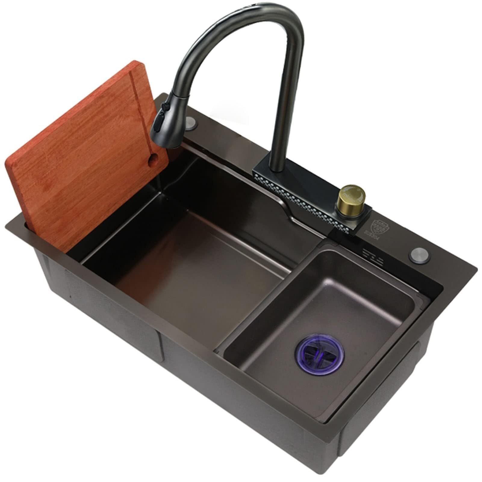 SDdPulse Handmade Waterfall Kitchen Sink with Pull-Out Tap - Multifunctional Dishwasher Basin for Courtyard and Office Use,Black-68X45Cm