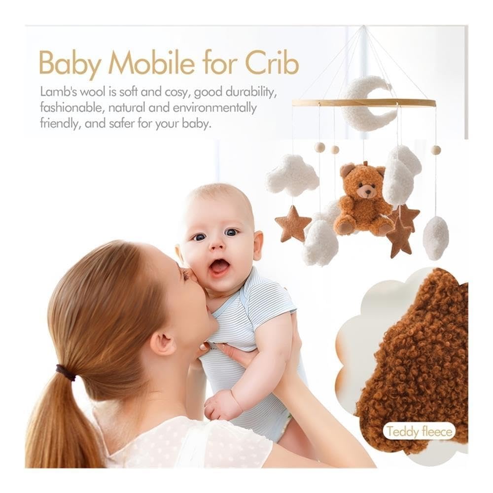 Hochet Mobile en bois, ornement suspendu de berceau d'ours, de nuage et d'étoile for la chambre de bébé(Brown1)