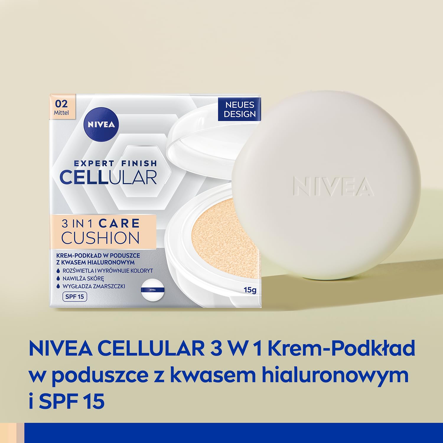 NIVEA CELLULAR Expert Filler Przeciwzmarszczkow pielęgnujący Krem-podkład w poduszce z kwasem hialuronowym i filtrem SPF15 kolor średni, 15ml