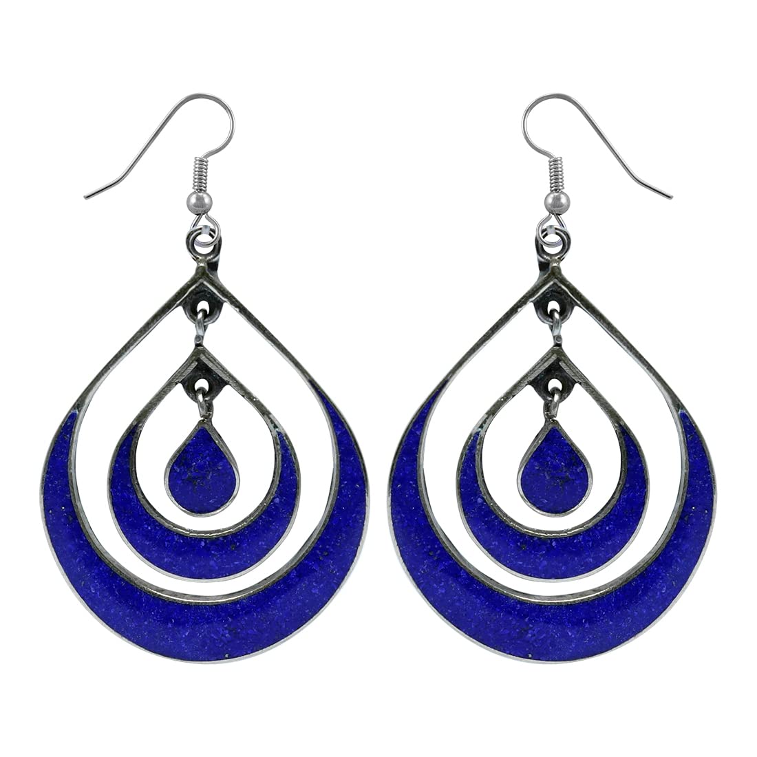 Orecchini Goccia Fatti A Mano In Lapislazzuli E Placcato Argento - Design Etnico, Anallergici Con Gancio In Argento 925, Lunghezza 7,9 Cm, Regalo In Scatola Portagioie
