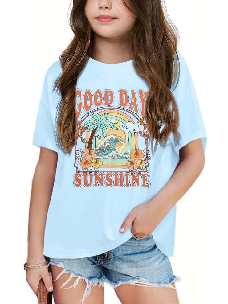 Image of Girls Graphic Shirts Oversized Sunshine T Shirt Short Sleeve Tee Tops Cute Trendy Girls Clothes for 5-14 Years