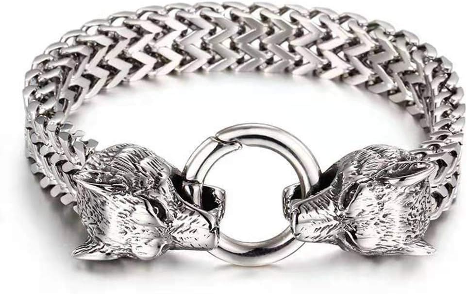 Mens Bracelets Stainless Steel Heavy Biker Franco Link Chain Bracelets Charm Skull Gothic Jewelry with Gift Box (Wolf)