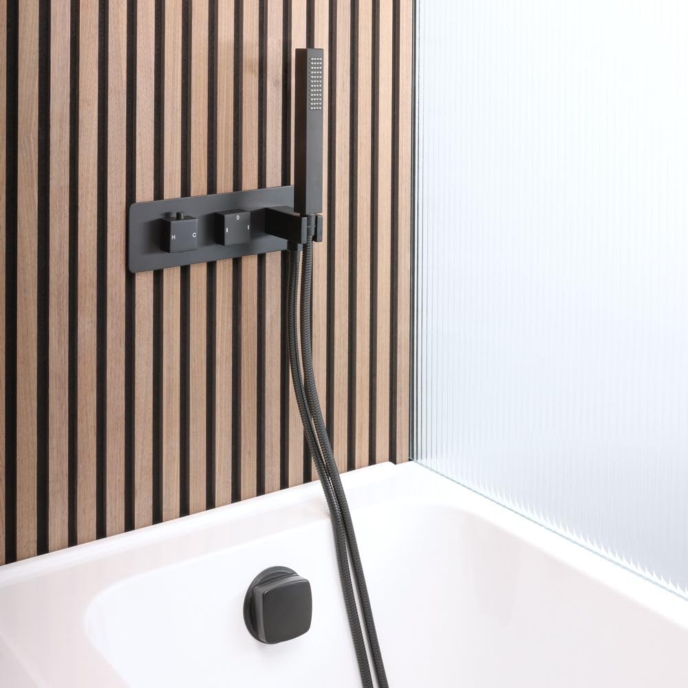 Milano Black Preto Thermostatic Mixer Valve Overflow Bath Filler Hand Shower Handset