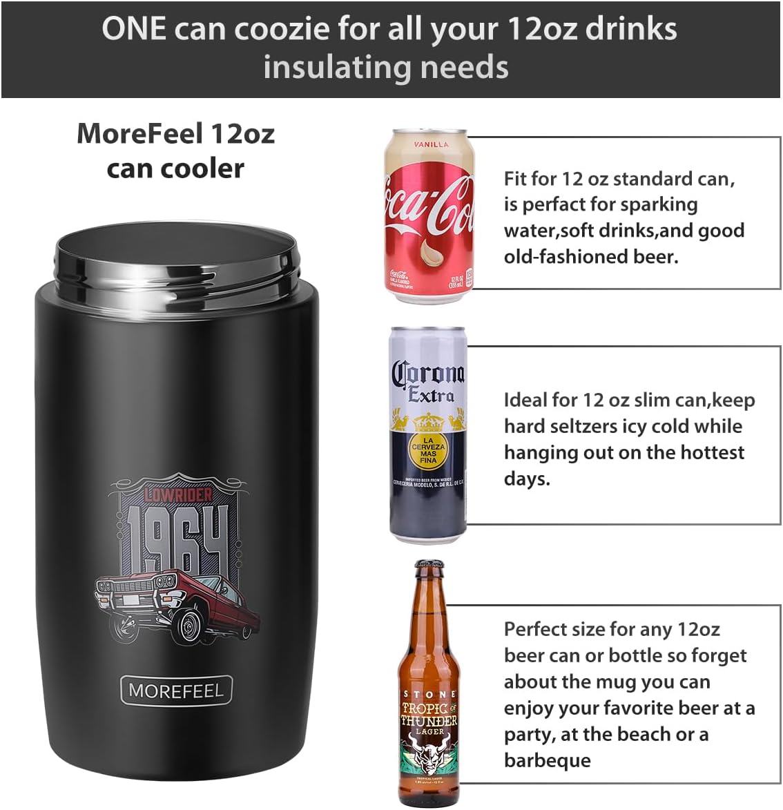 4-in-1 Skinny Can Cooler Double Wall Stainless Steel Insulated Can Holder,Can Coozie, Works With 12 Oz Slim Can,Standard Cans,Beer Bottles & As Pint Cups (Retro Black) - Image 3