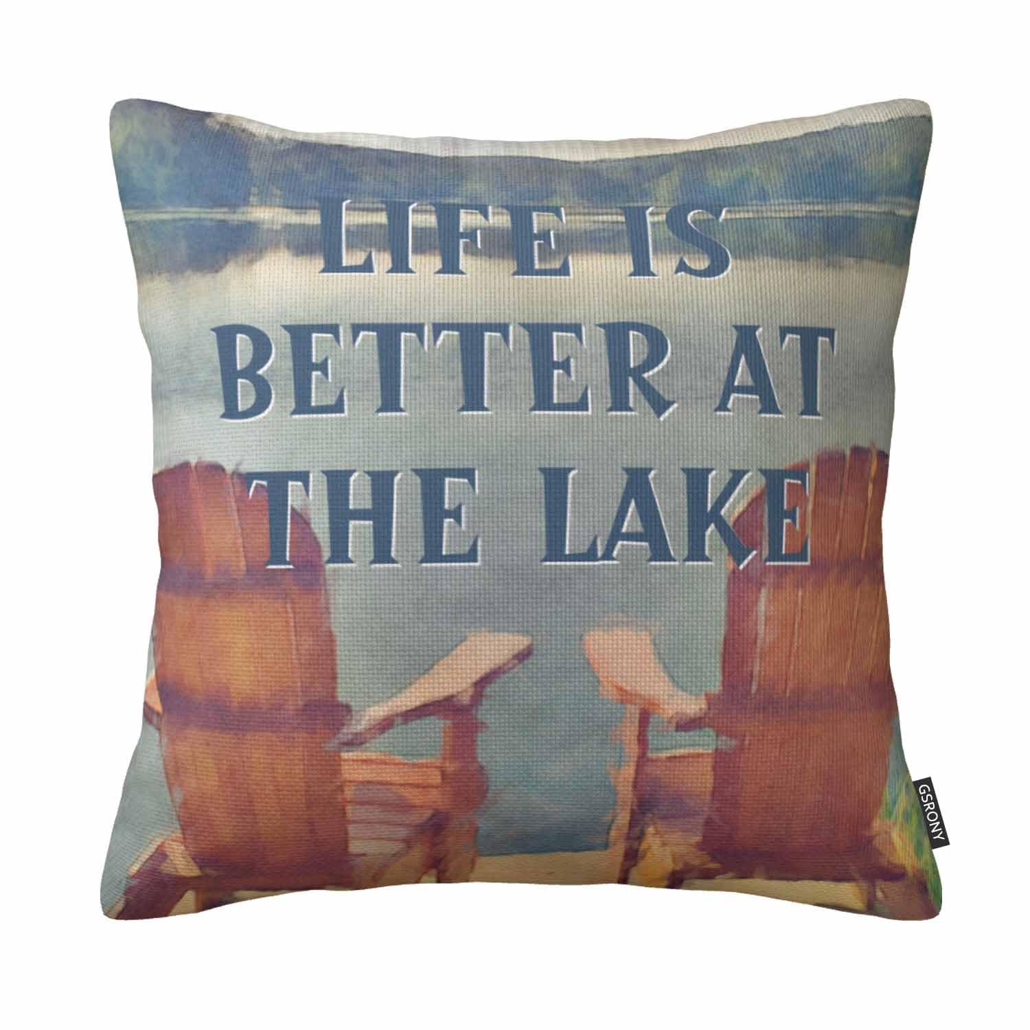 GSRONY Lake Lover Throw Pillow Covers Life is Better at Lake Watercolor Painting Cushion Pillow Case Home Decor Pillowcase 18x18 Inches