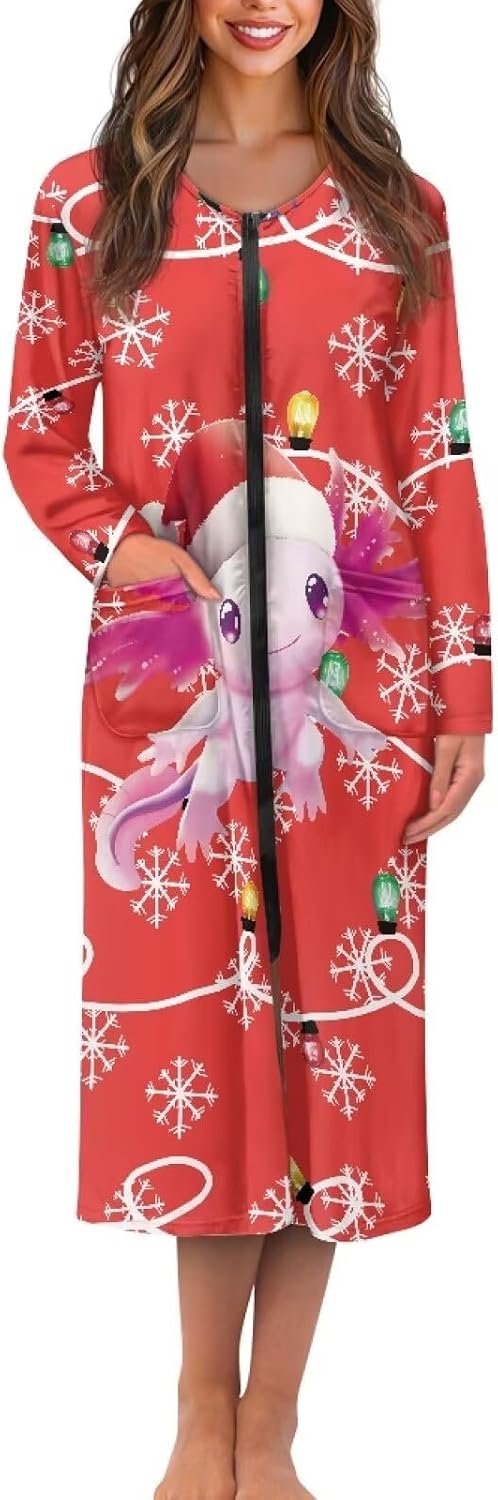 Women's Nightshirt Long Sleeve Zip up Robe Crew Neck Full Length Nightgown with Pockets