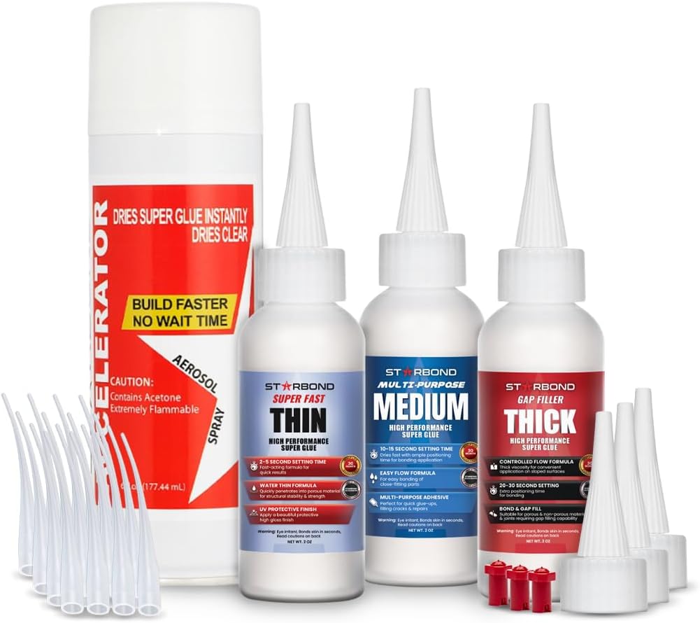2 oz. Thin, Medium, Thick CA Glue with 6 oz. Aerosol Accelerator, Cyanoacrylate Super Glue for Woodworking, Woodturning, Guitar, Hobby