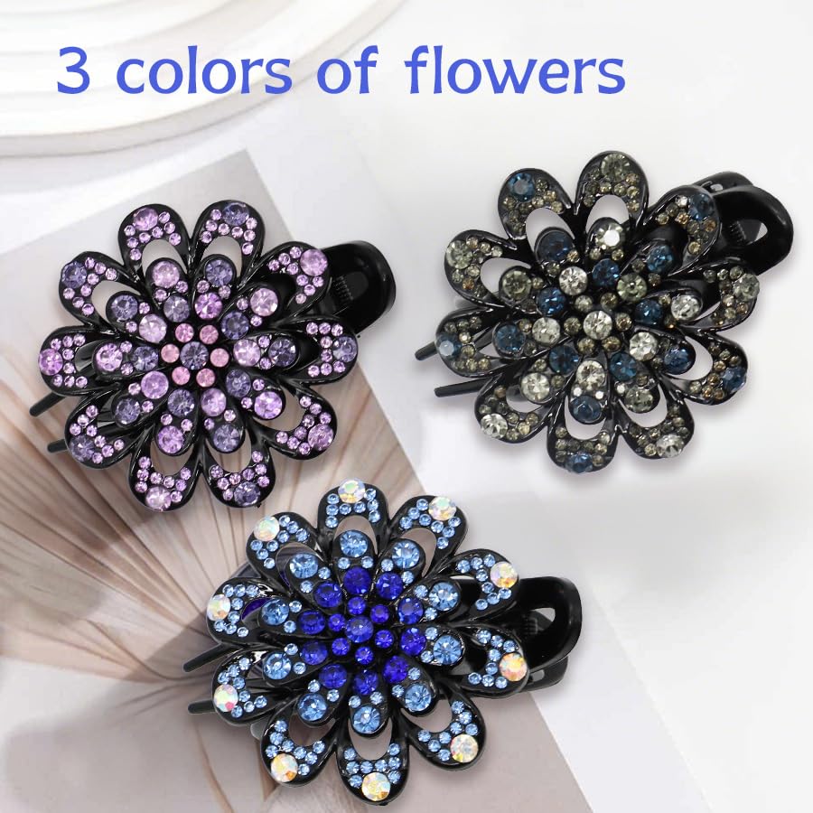 Shimmering Crystal & Rhinestone Flower Hair Clips - 3 PC Vintage Duckbill and Ponytail Clip Set, Elegant Barrettes Hair Accessories for Women