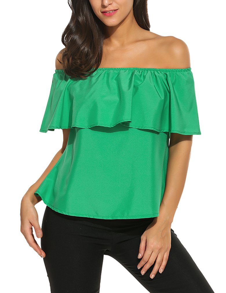 Sherosa Women's Off Shoulder Ruffles Solid Casual Blouse Loose Tops