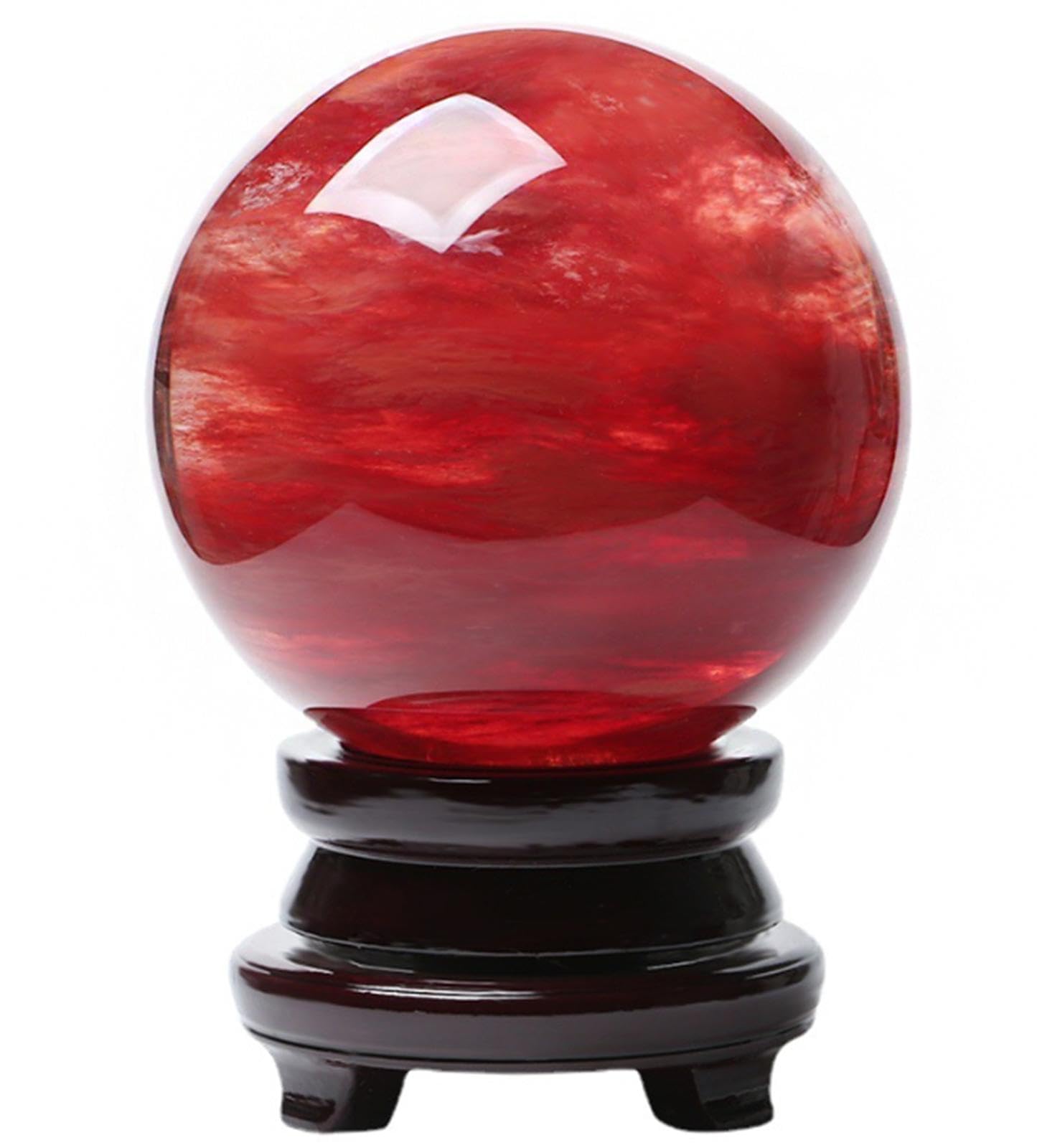 LHAOEEEYG Home Decoration Red Crystal Ball Melting Quartz Sphere with Wood Stand Office FengShui Stone,20cm/7.9in