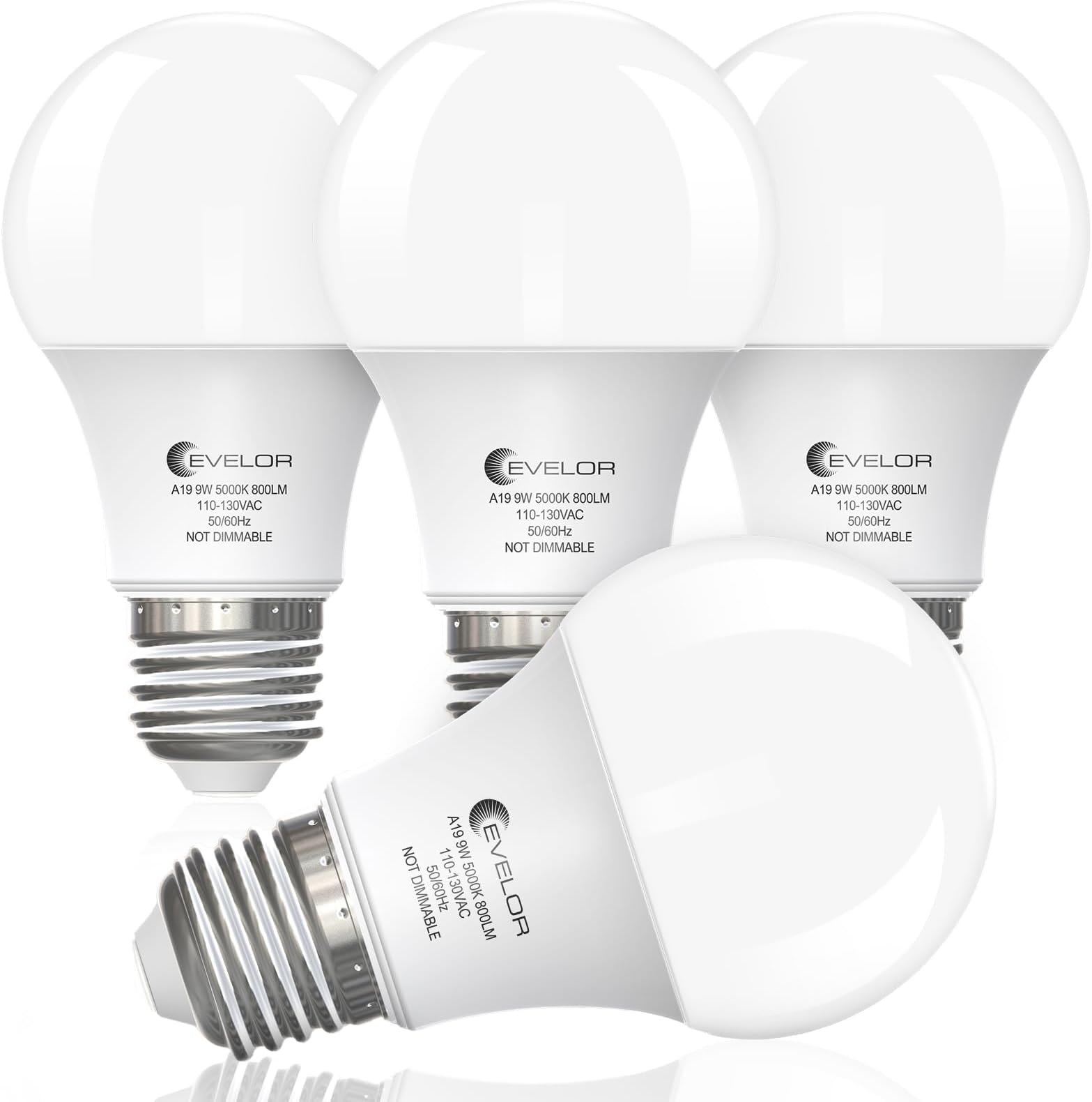 evelor A19 LED Light Bulbs,60 Watt Equivalent Daylight 5000K with E26 Base,Efficient 9W,800 Lumens Non-Dimmable LED Bulbs,15000 Hours, Ideal for Bedroom Living Room, 4-Packs