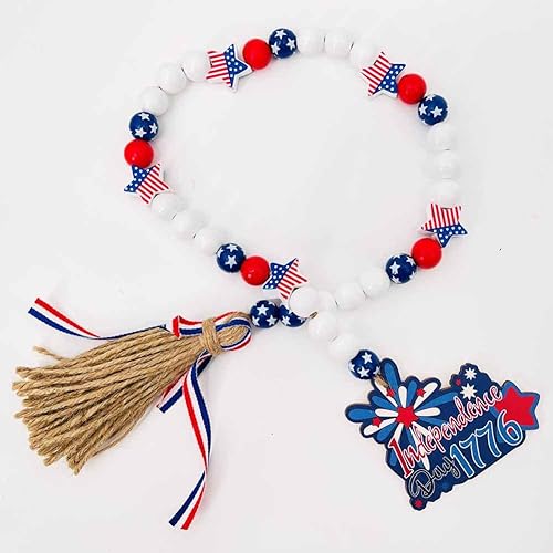 Miniatura 3 de CYee Guirnalda patriótica de cuentas de madera del 4 de julio con borlas rústicas para colgar en la pared con etiqueta "I Love USA" para decoración