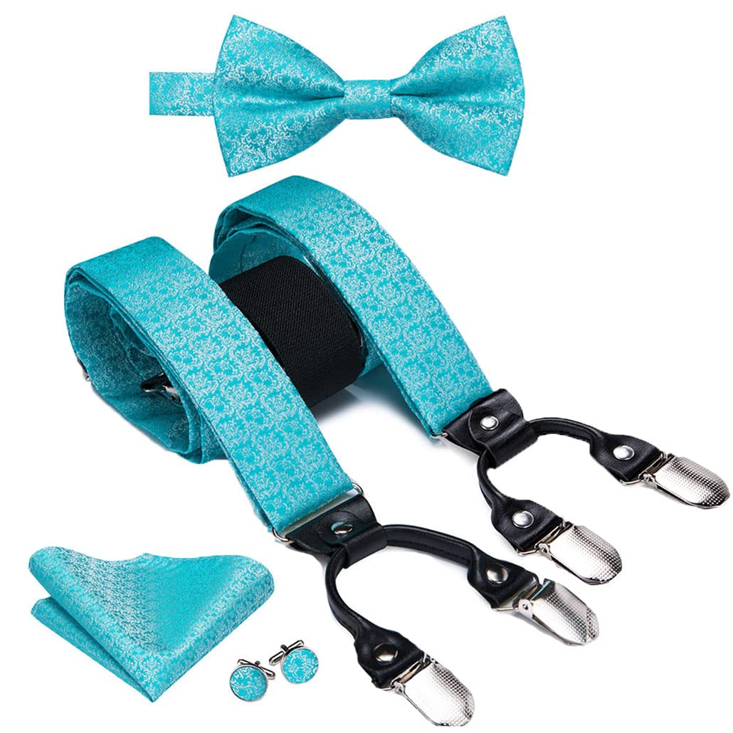 keusyoi Herren-Hosenträger-Set aus Jacquard-Seide, blaue Blume, 4 Stück, 6 Clips, Hosenträger, Fliege, Einstecktuch, Manschettenknöpfe, 3,5 cm breit