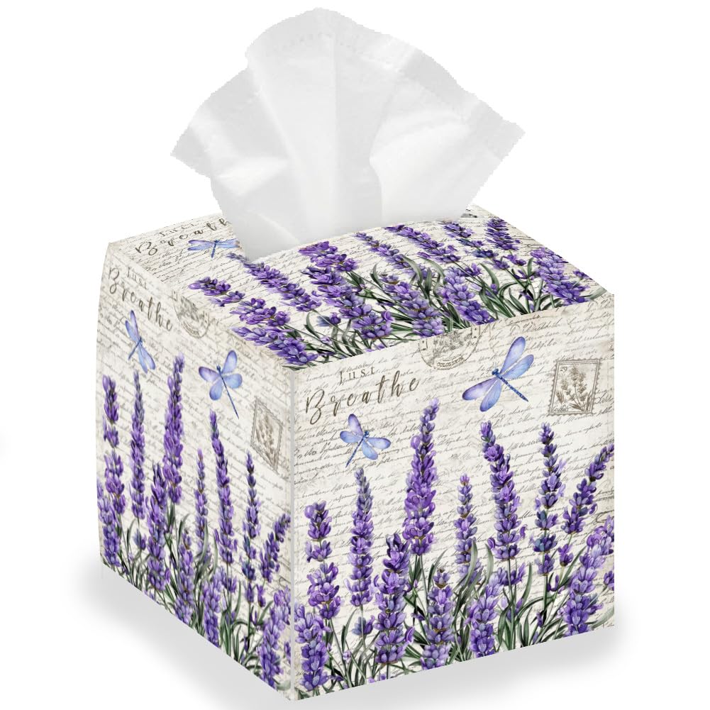 DELORIGIN Lavender Tissue Box Holder, Flower Square Tissue Box Cover Foldable Tissue Storage Boxs Waterproof Paper Towel Case Container Organizer Tissue Holder for Bedroom Bathroom Car Nightstand